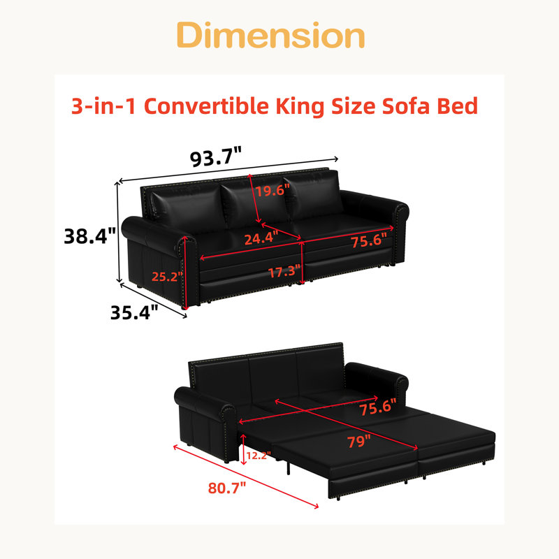 Sofa,93.7" King Pull Out Sofa Bed,3-In-1 Faux Leather Convertible Sleeper Sofa With Nailhead Trim & Rolled Arm,Multi-Functional Sofa Bed For Living Room,Bedroom