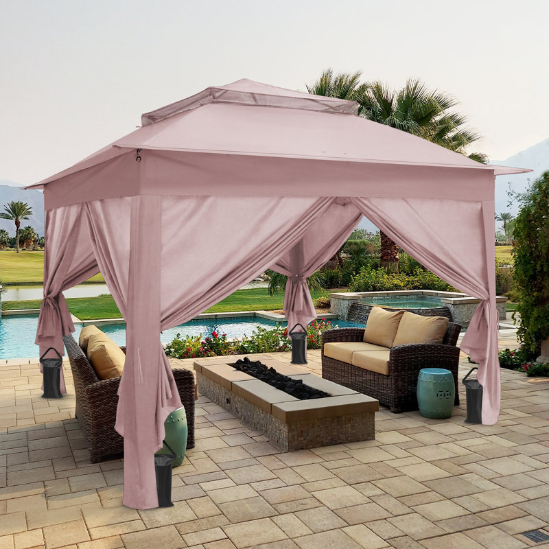 11 Ft. W x 11 Ft. D Pop Up Instant Steel Patio Gazebo with Solid Wall, Black, Pink