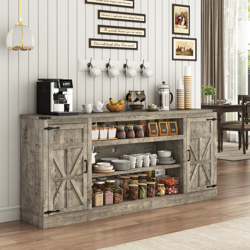75" Farmhouse Tv Stand With Power Outlets For 75 80 85 Inch Tv, Large Tv Media Console With Storage Cabinets & Adjustable Shelves