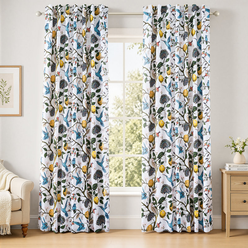 Fancy Hummingbird Patterned  Room Darkening Curtain,Rod Pocket Back Tab Floral Drapes,Set of 2, White, 52" W x 96" L