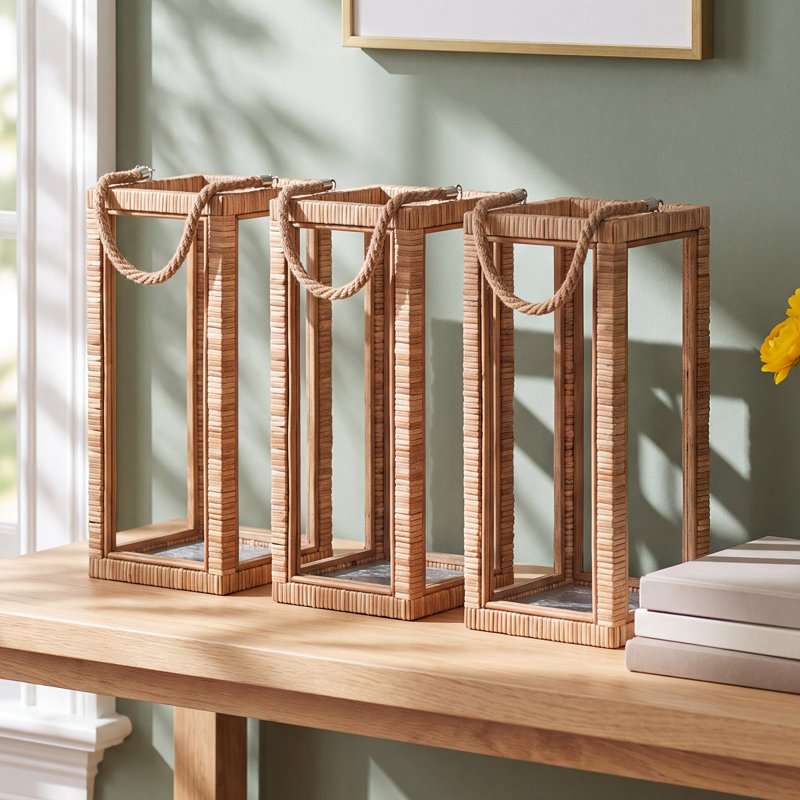 Portolan Rattan-Wrapped Wood Frame Glass Panel Lantern Large, 18.5" H x 11.25" W x 11.25" D