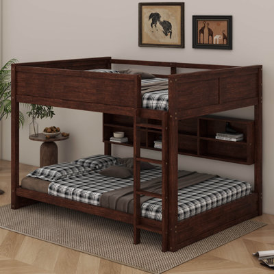 Queen Over Queen Solid Pine Wood Bunk Bed – Built-In Storage Cabinets, Charging Station, Ladder & Safety Guardrails