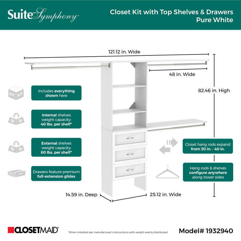 Système d'organisation avec tiroirs l 84 po à 120 po SuiteSymphony, Blanc pur