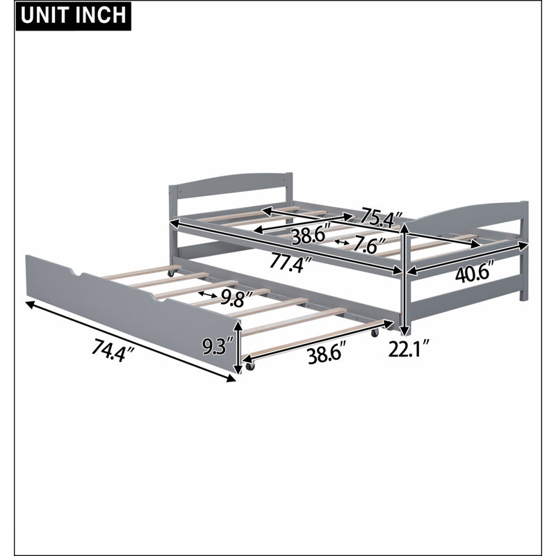 Lit plateforme avec lit gigogne, Gris