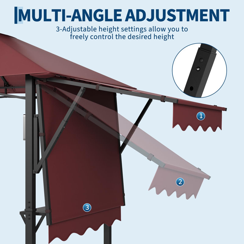 8x5 ft Grill Gazebo with Side Awning, Double-Tier BBQ Canopy with 2 Side Shelves, 10 Hooks, Heavy-Duty Outdoor Grill Shelter, Burgundy