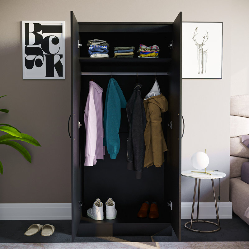 Arkadij 2 Door High Gloss Manufactured Wood Wardrobe With Internal Shelf and Hanging Rail, Black
