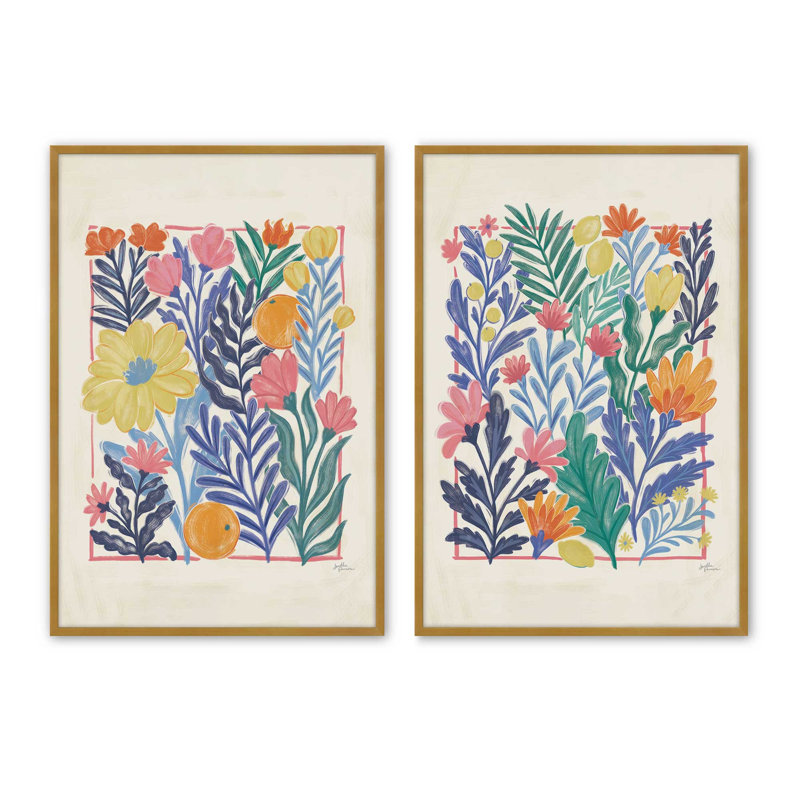Ensemble de 2 pièces 2 "Tropical Floral Delight, Cadre doré poli, H 21,25 po x l 17,25 po