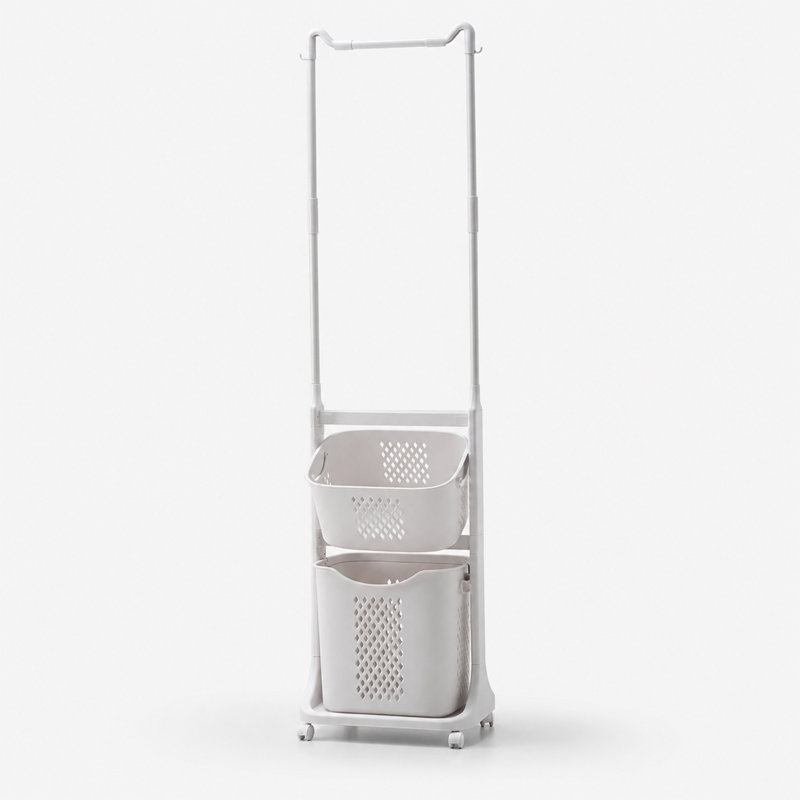 2-Tier Rolling Laundry Hamper with Hanging Bar and Removable Baskets