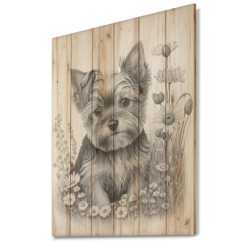 Mignon chien Yorkshire avec fleurs I - impression sur bois, L 30 po x H 40 po x P 1,5 po