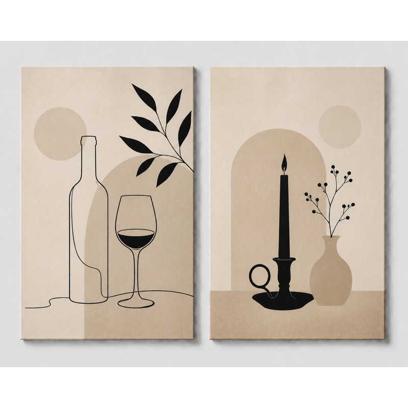 Très grand ensemble de 2 vin minimaliste et bougie, art au trait neutre, décoration murale de salle à manger 24 x 36 pouces - prêt à être accroché