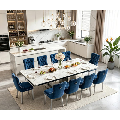 11-Piece 63"-95" Extendable Faux Marble Dining Set with 10 Upholstered Chairs, Large Expandable Kitchen Table with Silver Mirrored Base