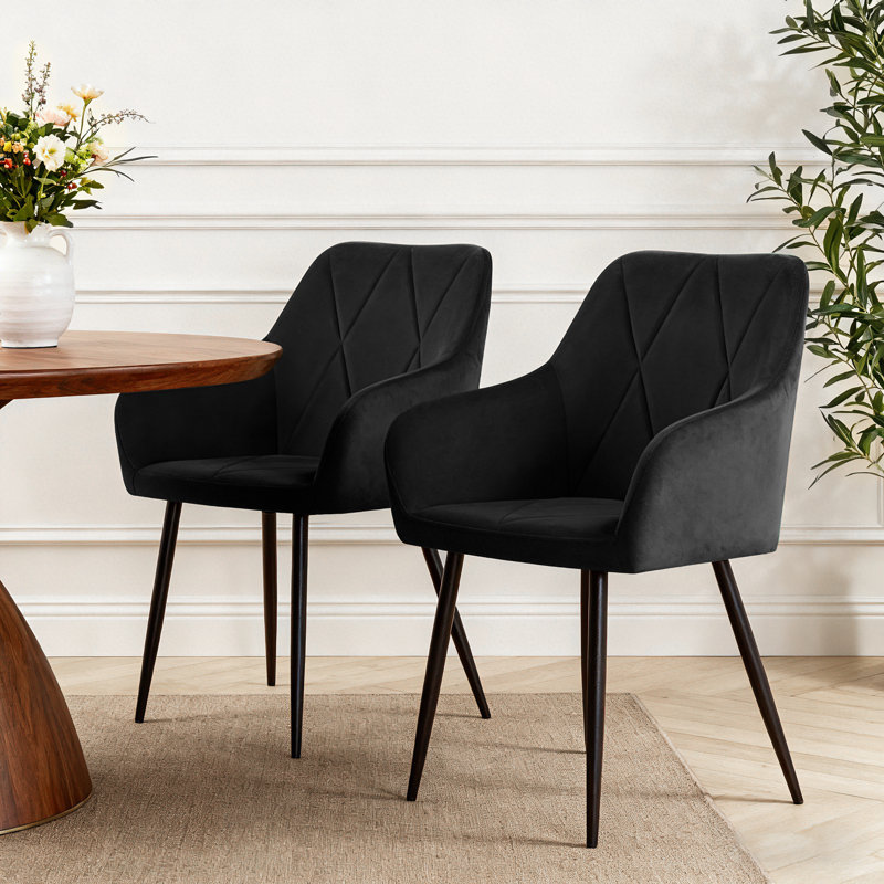 Anquetta Velvet Modern Dining Chairs With Quilted Diamond Pattern Backrest, Black