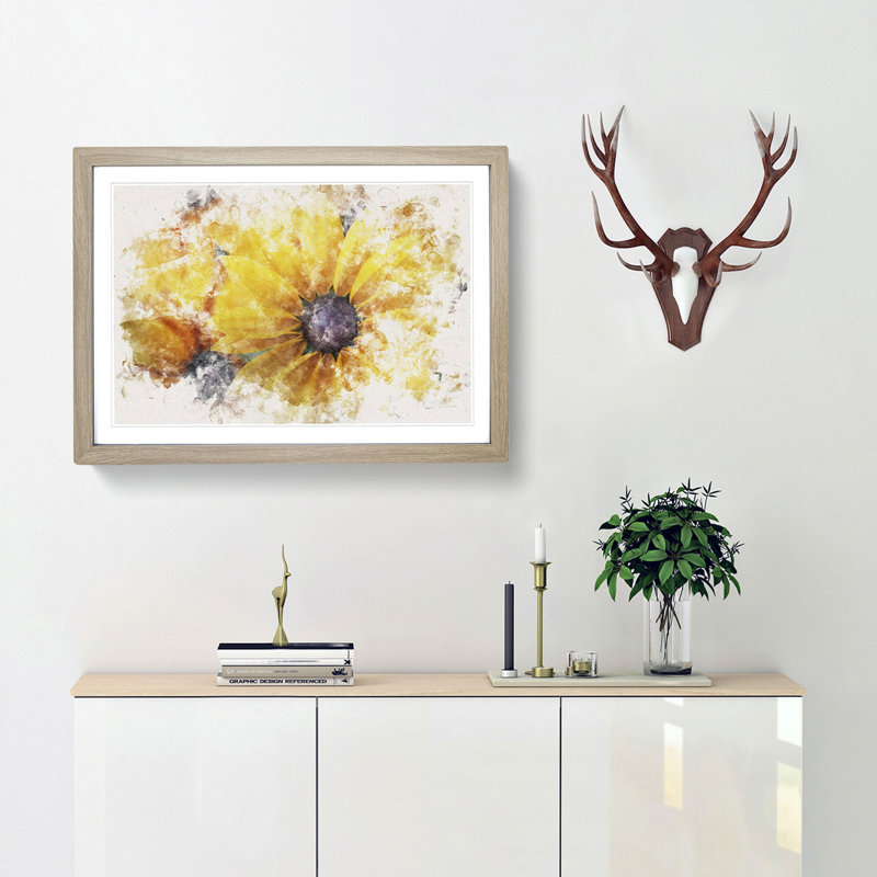 Yellow Coneflowers Watercolour - Framed Print, 45cm H x 63cm W x 2cm D, Oak