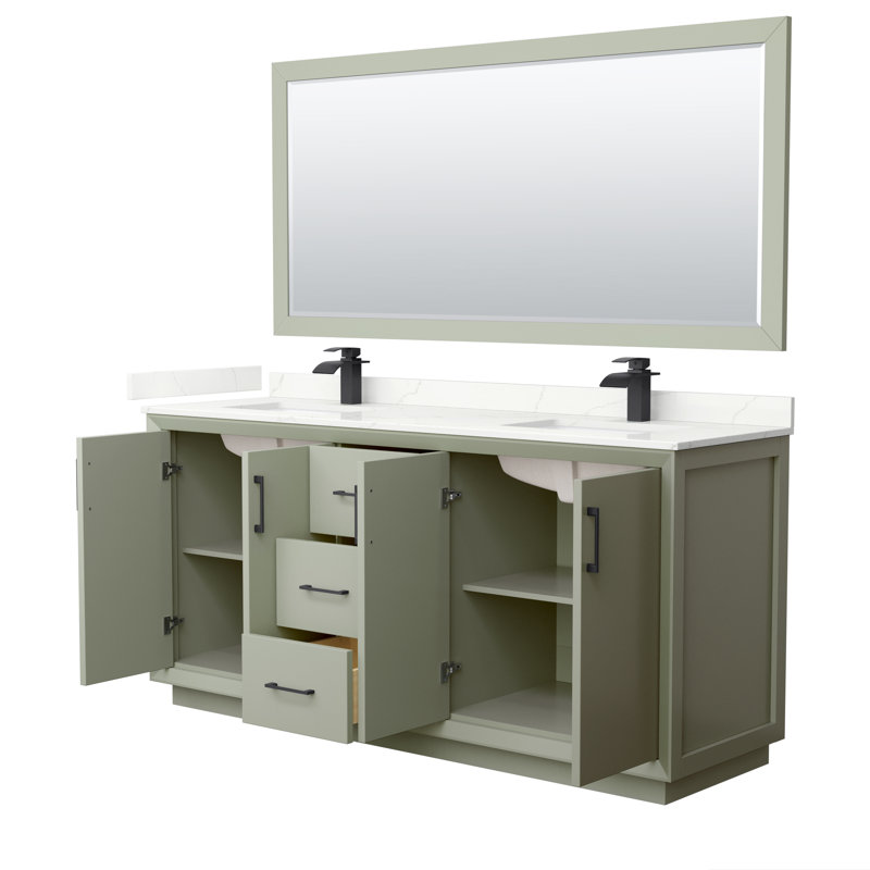 Strada 72'' W Double Vanity, Giotto Quartz, Light Green, Matte Black