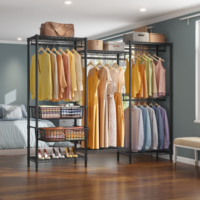 Black Heavy Duty Freestanding Metal Garment Rack with Wire Shelves