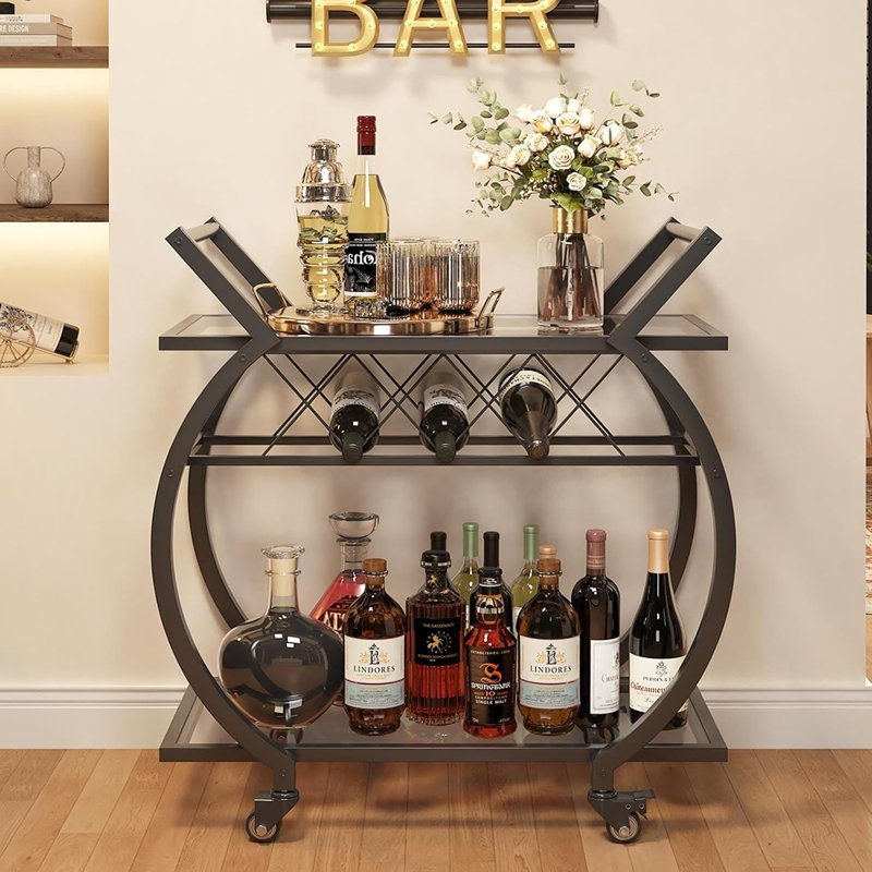 Chariot de bar noir à roulettes, chariot de service pour bar à domicile, chariot à boissons roulant avec porte-verres, chariot de rangement pour cuisine et salle à manger