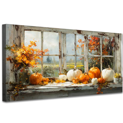 Large Fall Canvas Wall Art - Pumpkin and Basket Autumn Pictures Wall Decor, Vintage Fall Artwork for Living Room, Thanksgiving Wall Art Paintings for Bedroom Wrapped Canvas Print, 24×48 inches