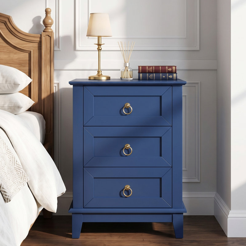 Table de chevet, ensemble de 2 tables d'appoint 3 tiroirs avec poignées anneaux rétro, l 18 po, Bleu