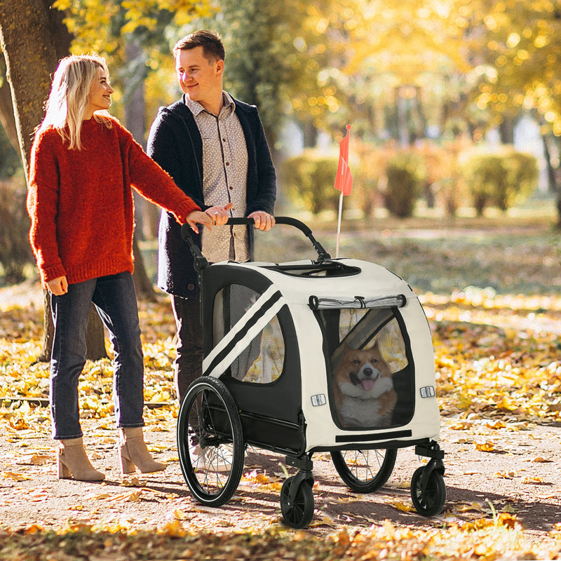 White Foldable Pet Bike Trailer and Stroller with Detachable Carrier