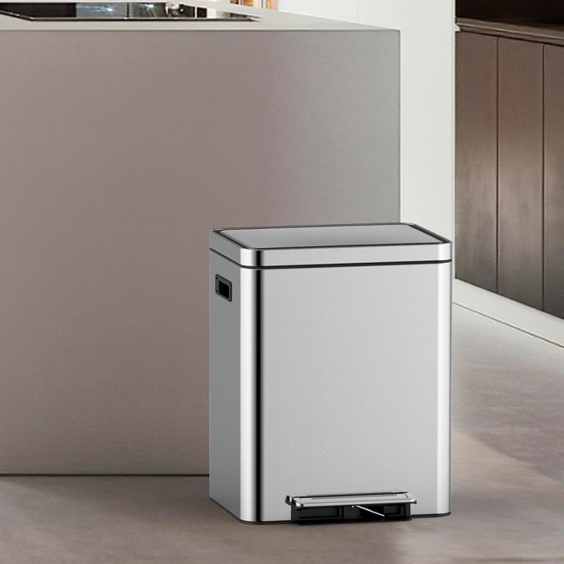 Trash Can, Rectangular Garbage Can With Soft-close Foot Pedal, Double Compartment Classified Garbage Can, Stainless Steel Trash Can With Metal Lid & Removable Inner Bucket