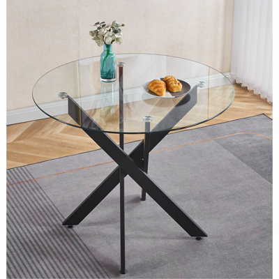 Table de salle à manger noire avec pieds en croix et verre trempé, table de cuisine moderne pour le salon