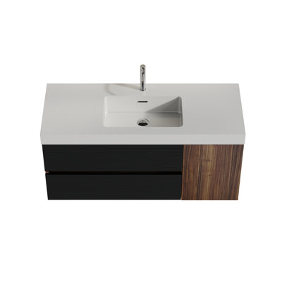 48 Inch Walnut Bathroom Vanity with Solid Surface Sink & Soft Black Drawers