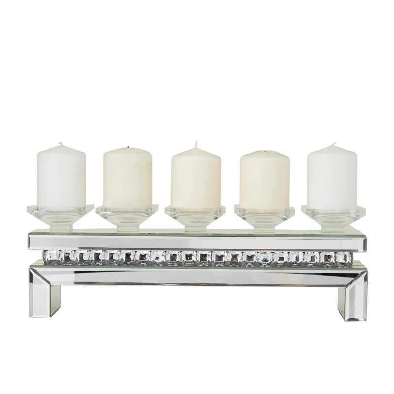 Wooden Pillar 5 Plate Decorative Silver Candelabra with Mirrored Accents