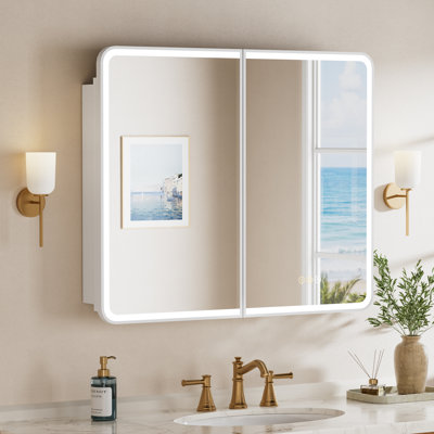 Armoire à pharmacie rectangulaire éclairée à DEL de 36 po x l 30 po avec miroir, double porte, antibuée, fonction mémoire, fixation murale / encastrée, tablettes en verre réglables