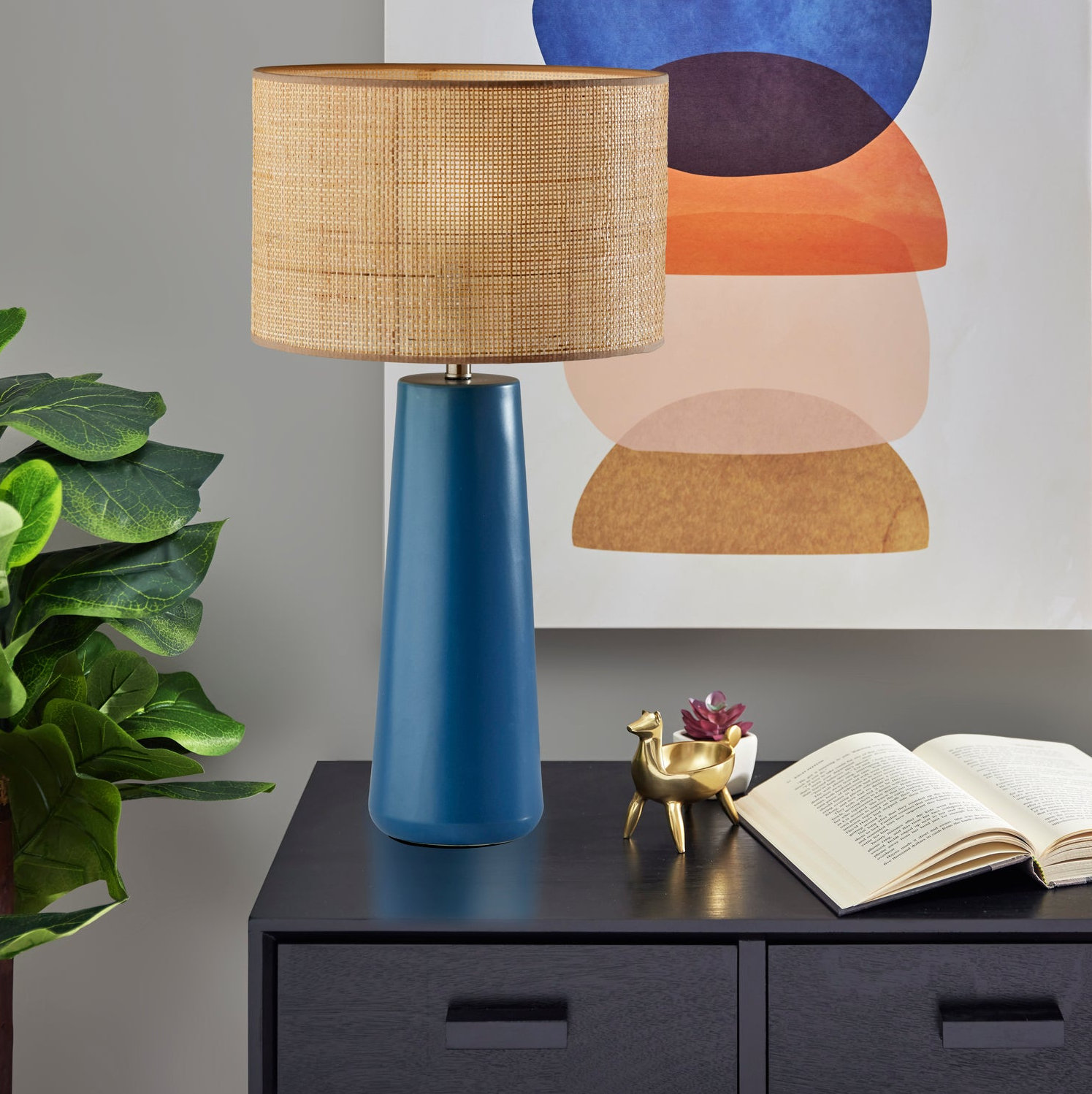 Piazza Ceramic Table Lamp, Natural Rattan w. Beige Trim, Blue, 30''H x 16''W x 16''D