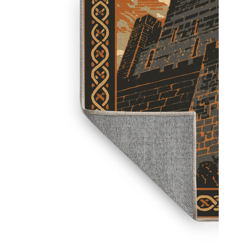 Machine Washable Pelico Edinburgh Castle Traditional Block Print Rug in Gray – Beige Binding, 7x10