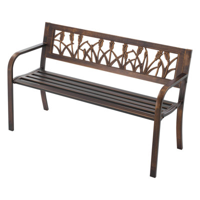 Banc d'extérieur 50 pouces en bronze antique, structure en acier au carbone avec dossier floral en PVC et accoudoirs ronds, siège de jardin à l'épreuve des intempéries pour la cour, le porche et le parc