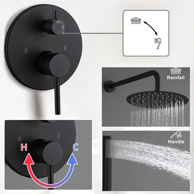 12" Round Shower Head Pressure Balanced Shower Faucet System With Handheld Spray, Matte Black