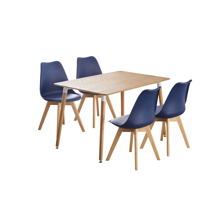 Stephenie 4 Person Dining set - a Rectangular Plastic Dining Table with Wooden Legs and a Set of 4 Faux Leather Cushion Padded Dining Chairs for Dining Room - Modern Dining Table Set