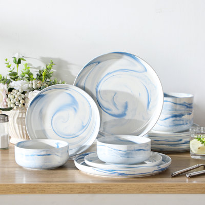 12 Pieces Dinnerware Set, Blue Set, Marble Grain, Round Plate And Bowl, Porcelain Dinnerware, Dinner Plates, Dessert Plates And Bowls For 4 Person