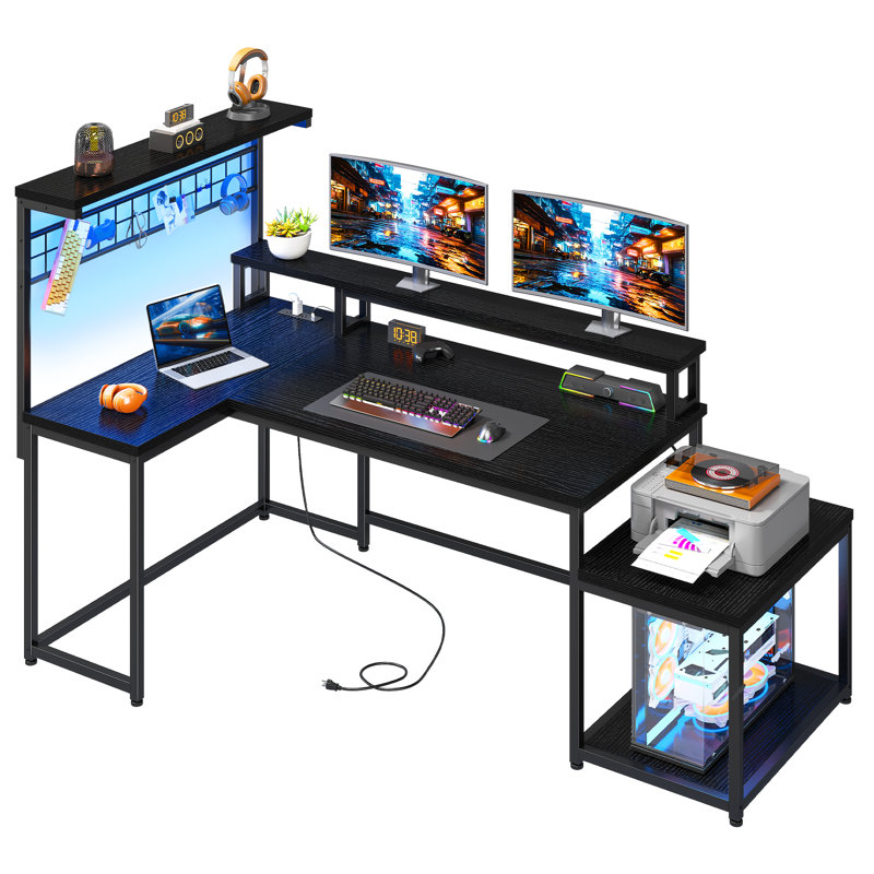 L Shaped Reversible Computer Desk With Power Outlet & Long Monitor Stand & Led Lights & Storage Shelves, Black