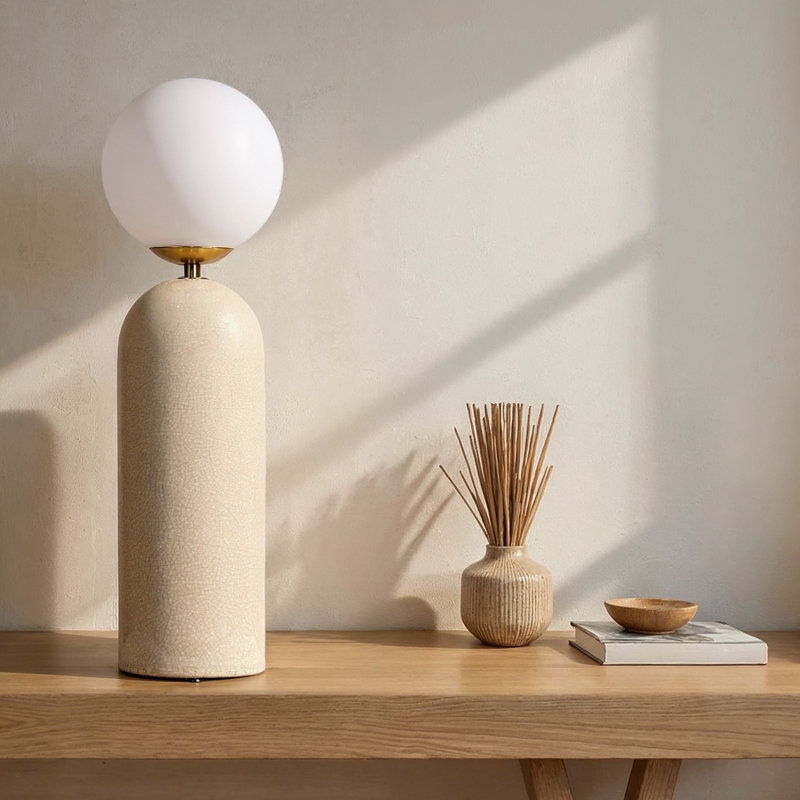 Stoneware And Metal Table Lamp With Frosted Globe And Inline Switch In Crackle Glaze