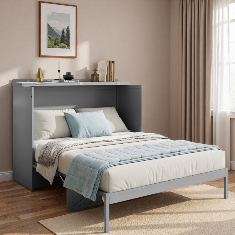 Lit escamotable avec grands tiroirs et USB, Gris