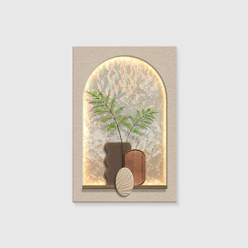 Peinture murale moderne moderne en relief en grès neutre avec lumière DEL chaude, peinture minimaliste de plante séchée pour salon