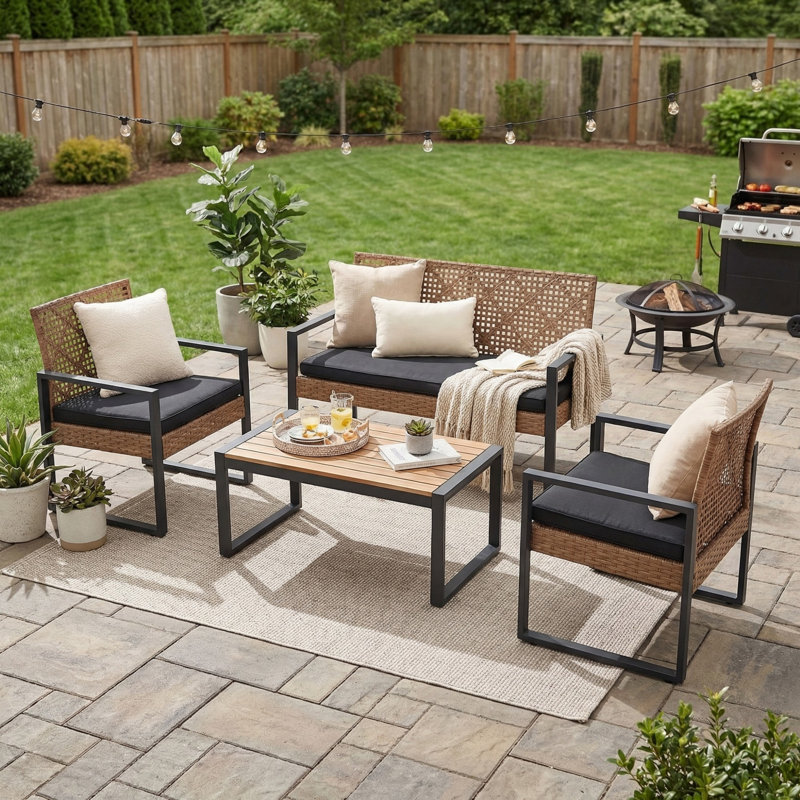 Ensemble de conversation d'extérieur 4 pièces avec coussins amovibles, ensemble de conversation pour patio avec plateau en bois pour la cour, près de la piscine