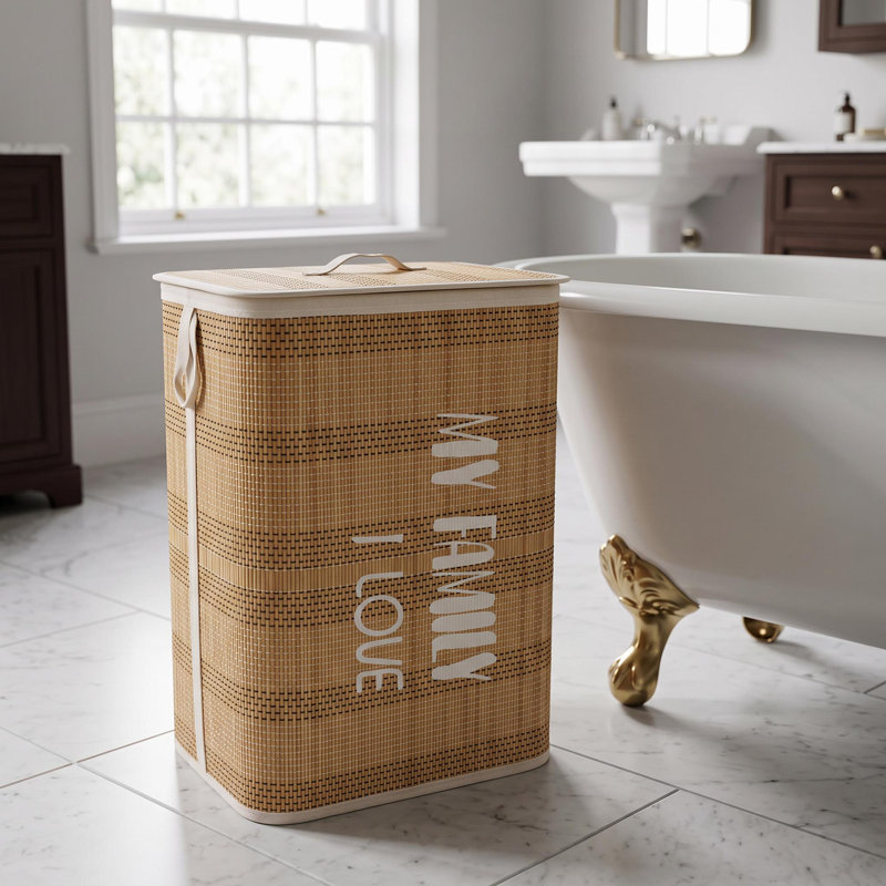 40 x 30 x 60 cm Square Laundry Basket with Lid, Collapsible Bamboo Hamper with Carry Handles and Reinforced Frame, Space Saving Washing Storage Bin for Bedroom and Bathroom, Yellow