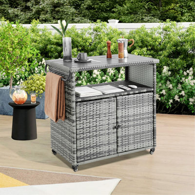 Outdoor Wicker Bar Cart,Glass Top With Practical and Versatile by Latitude Run