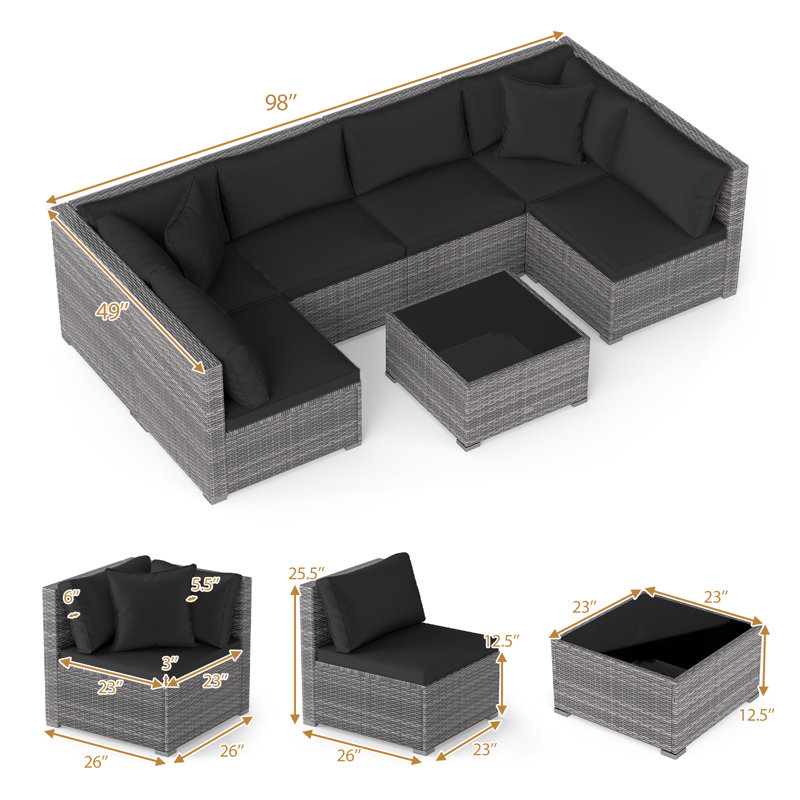 Ensemble de conversation modulaire en rotin 7 pièces avec coussins Amarjeet, Noir