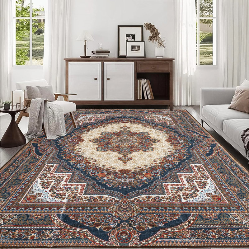 Area Rug Vintage Bohemia Large Persian Non-Slip Washable Rug For Living Room Kitchen Bedroom Living Room Flower Design Reddish Brown