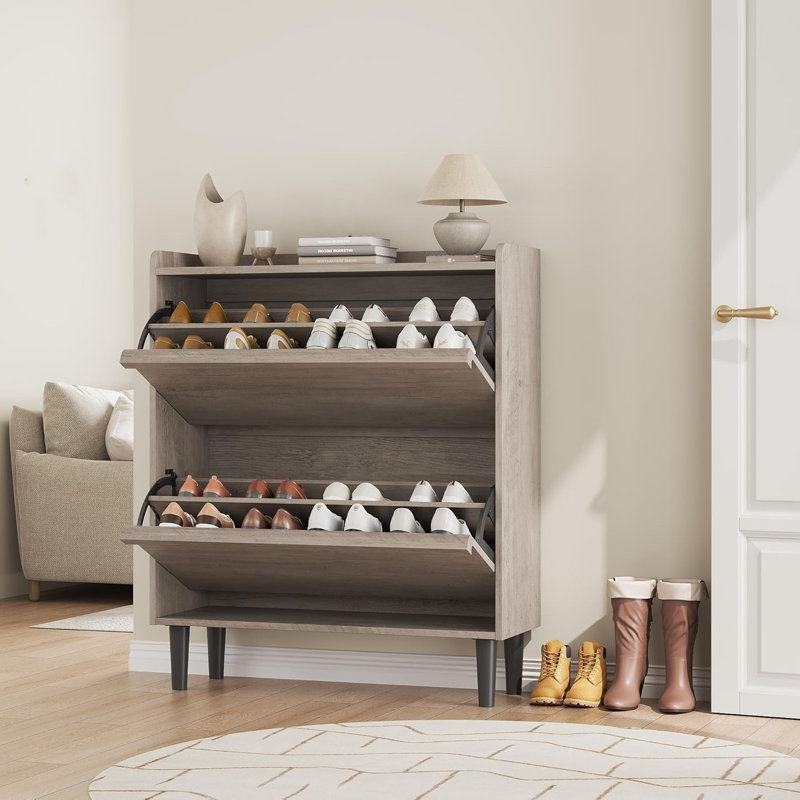 16 Pair Shoe Storage Cabinet, Grey Wood