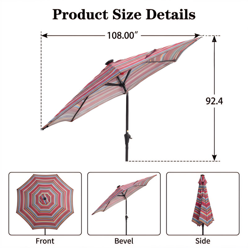 Grand parasol de patio extérieur avec éclairage DEL solaire et fonction d'inclinaison à bouton-poussoir, Rayures rouges