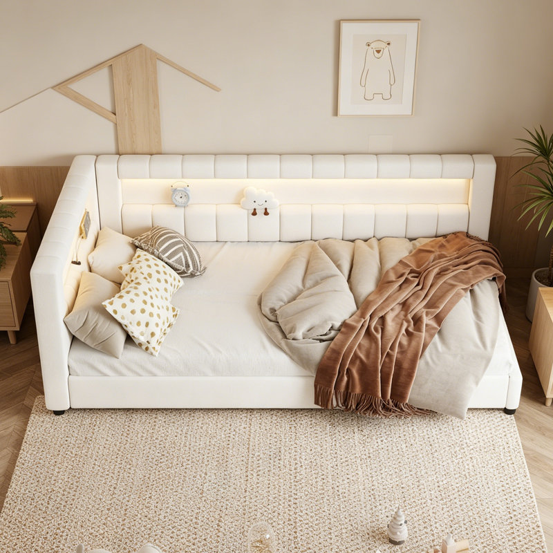 Lit plateforme simple tapissier crème blanc avec ports de charge USB et ceinture lumineuse à DEL, Cream White