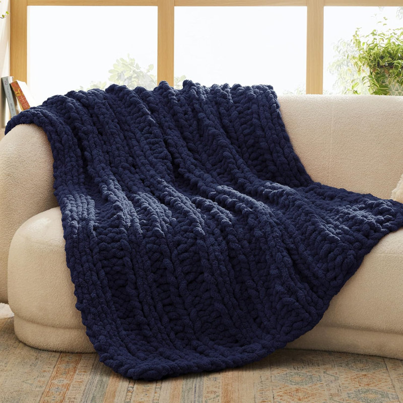 Essential Bedsure 100% Hand Knit Chenille Chunky Throw Blanket For Couch, Navy