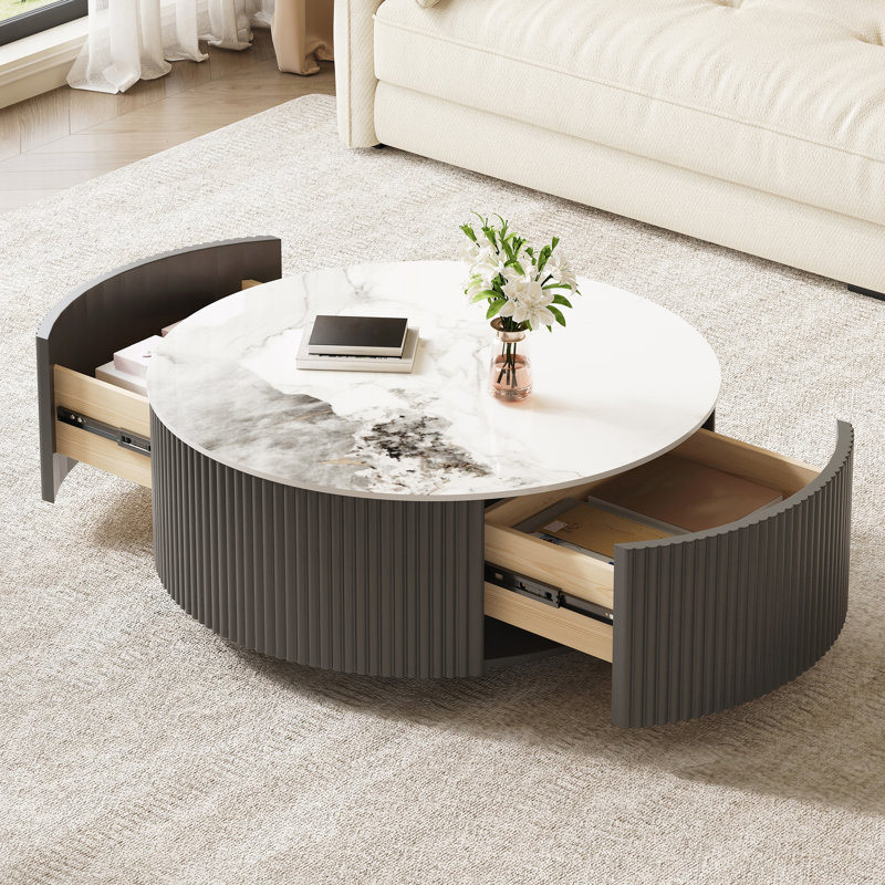 Table basse ronde moderne mobile avec roulettes, 2 tiroirs, White / Grey