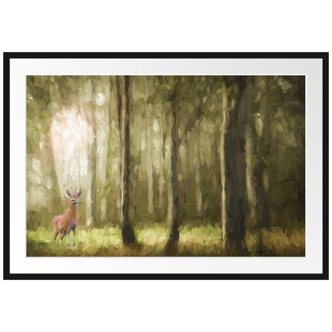 Gerahmtes Papierbild Hirsch im Wald