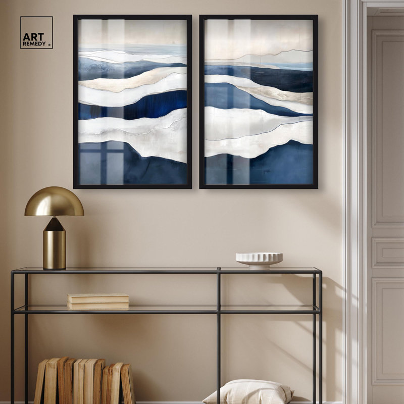 Ensemble d'art mural encadré Artful Blue Waves Duo Shadowbox par Art Remedy, cadre noir, 20 x 30, H 31 po x l 21 po